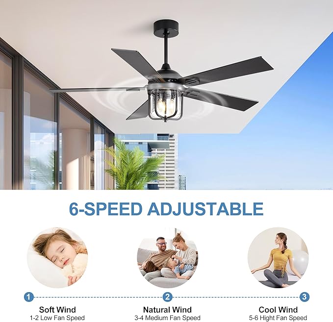 52 Inch Outdoor Ceiling Fan,IP65 Waterproof and Moisture-Proof Ceiling Fan,with Light and Remote Control,6-Speed Reversible DC Motor,Suitable for Pavilions and Terraces.Black