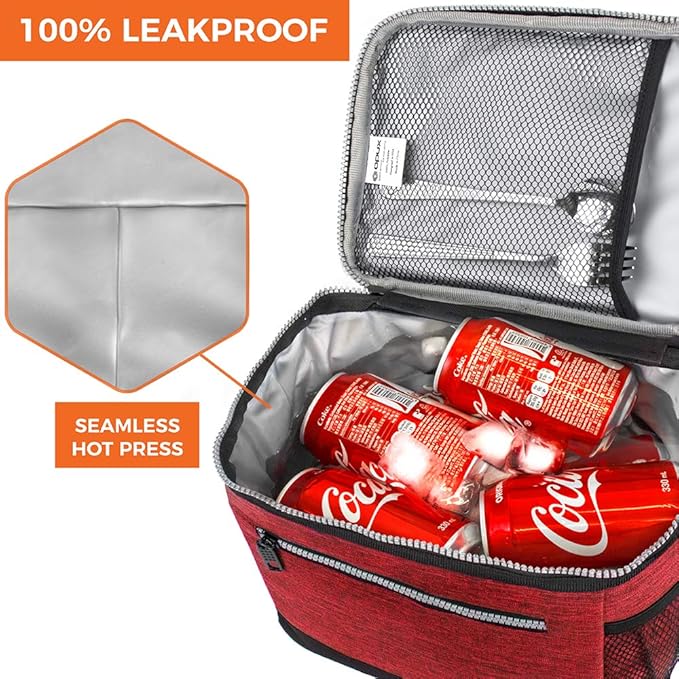 opux Insulated Lunch Box Men Women, Lunch Bag for Work School, Leakproof Soft Cooler Tote Adult, Large Lunch Pail Kids Boys Girls, Picnic Beach Food Bag with Shoulder Strap, Red