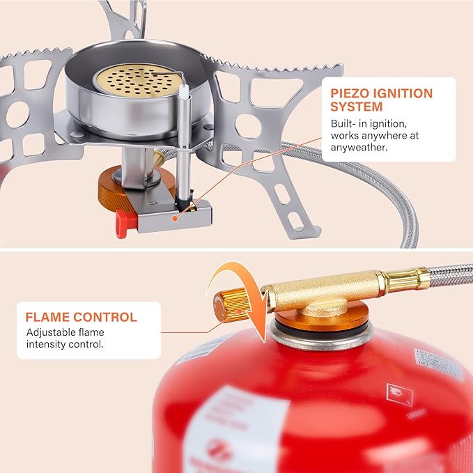 WADEO 3900W Windproof Camping Stove, Camping Gas Stove with Piezo Ignition, Backpacking Stove Portable Camping Stove with Two Fuel Canister Adapter for Outdoor Backpacking Hiking and Picnic