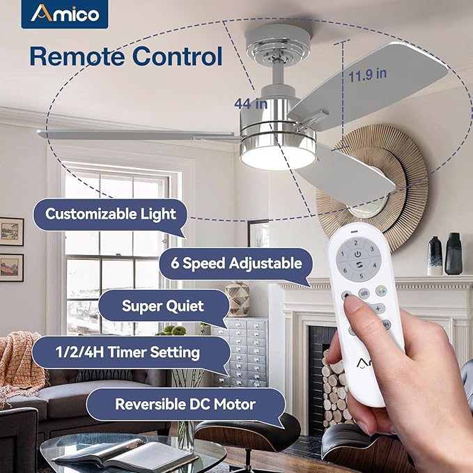 Amico Ceiling Fans with Lights, 44 inch Nickel Ceiling Fan with Light and Remote Control, Reversible, 3CCT, Dimmable, Noiseless, Small Ceiling Fan for Bedroom, Farmhouse, Indoor/Outdoor Use