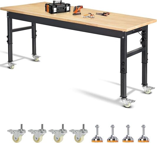 70'' Adjustable Workbench, Rubber Wood Top Work Bench Heavy-Duty Work Table with Socket, Wheels and Fixed Legs 2000 LBS Load Capacity Hardwood Sewing Table for Garage, Workshop, Home, Office