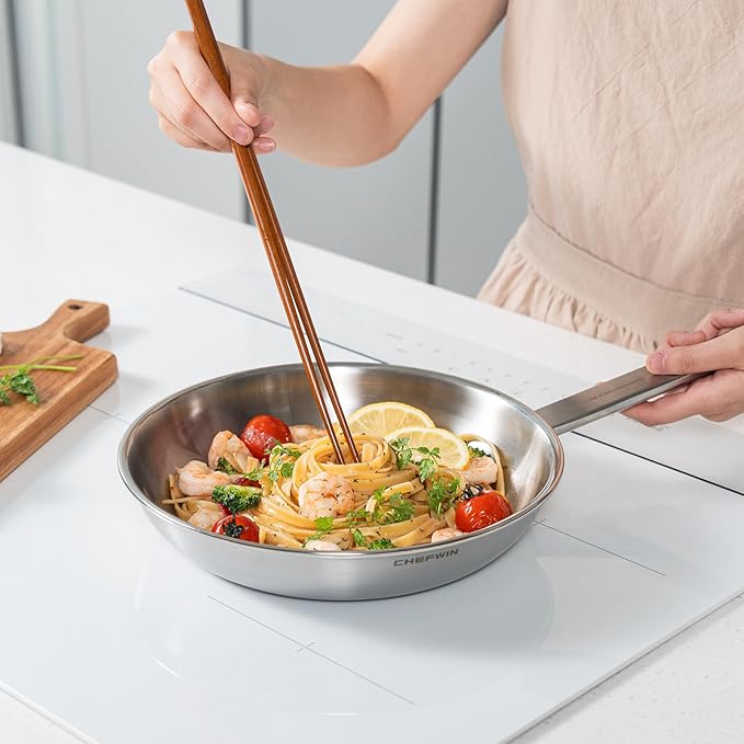 9.4-Inch 316 Stainless Steel Frying Pan, 5-Ply Stainless Steel Skillet, Induction Compatible, Dishwasher & Oven Safe