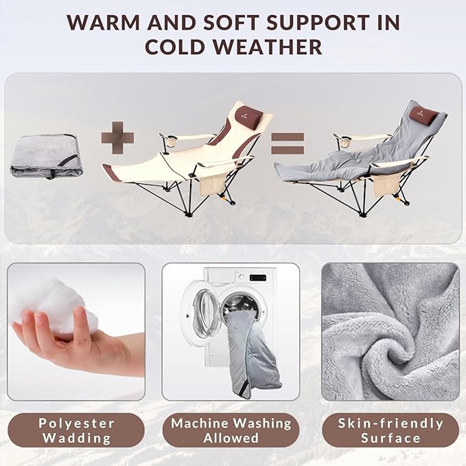 Reclining Camping Chair with Removable Footrest, 4-Position Adjustable Lightweight Folding Lounge Beach Chair with Cotton Cushion, Cup Holder & Storage Pouch for Outdoor(330lbs Capacity), Beige