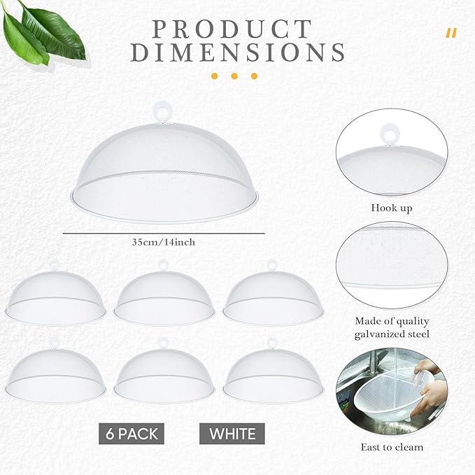 Gerrii 6 Pcs Metal Mesh Food Cover Outdoor Mesh Food Tents Dome Screen Plate Covers for Dinner Plates Reusable Fruit Fly Nets Picnic Umbrella for Table, BBQ, Camping, Party (White,14 Inch)