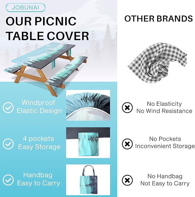 Fitted Picnic Table Cover with Bench Covers Elastic Water Proof Outdoor Camping Tablecloth for 8 Foot Rectangle Tables Roadtrip Summer Organization Rv Car Essential Holiday Gifts for Campers
