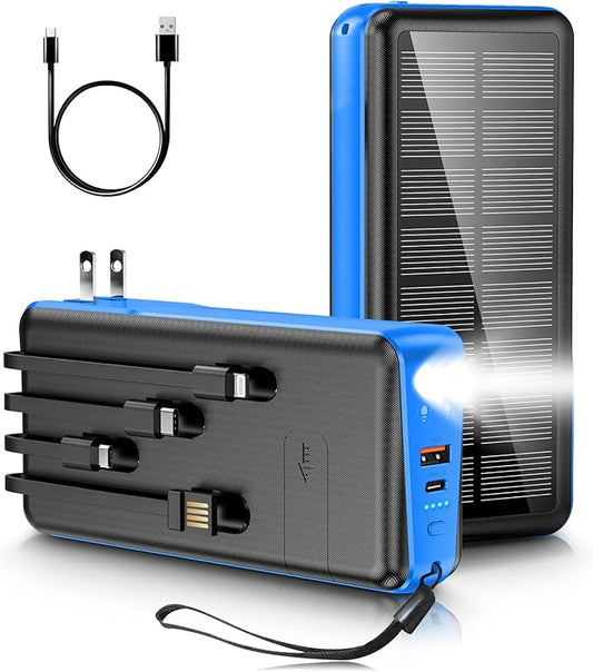 Portable Charger with Built in Cable and Wall Plug 50000mAh PD30W Fast Charging Solar Power Bank with 5 Output & 2 Input Dual LED Flashlights Phone Holder External Battery Pack (Blue)