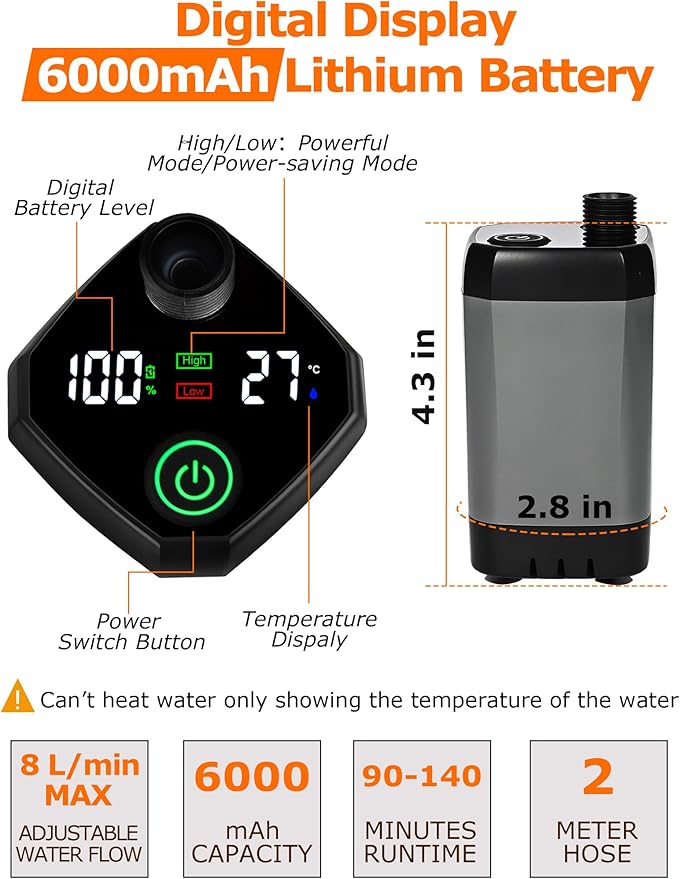 innhom Portable Shower for Camping, 6000mAh Rechargeable Camping Shower with LED Display, 2 Mode Electric Outdoor Camp Shower Pump for Hiking, Travelling, Washing, Grey