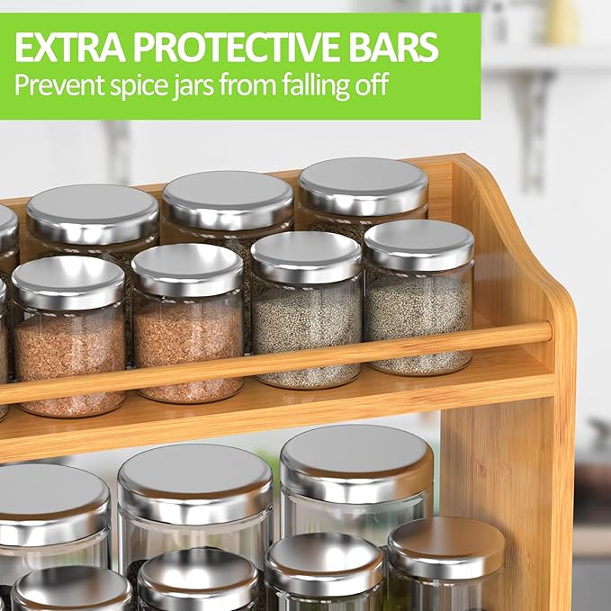 Bamboo Spice Rack Organizer, 3 Tier Spice Jars Shelf for Kitchen Countertop or Wall Mounting