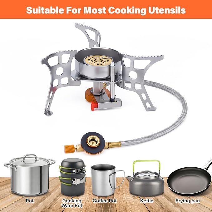 WADEO 3900W Windproof Camping Stove, Camping Gas Stove with Piezo Ignition, Backpacking Stove Portable Camping Stove with Two Fuel Canister Adapter for Outdoor Backpacking Hiking and Picnic