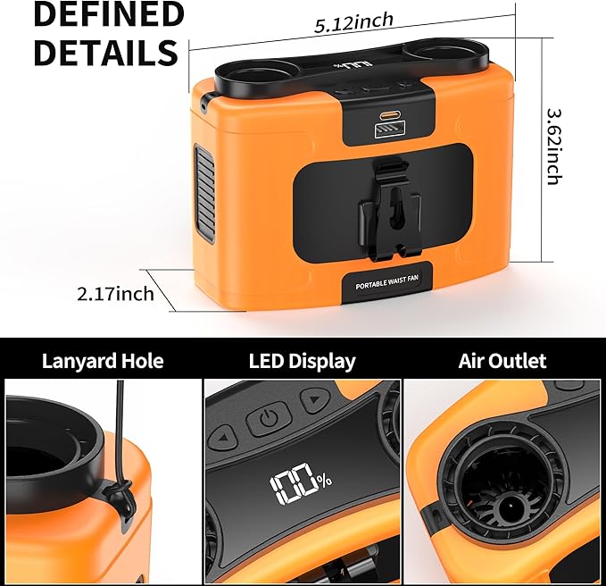 20000mAh Portable Waist Fan, Personal Fan Clip on with Rechargeable Battery operated, 40H Cooling,10 Speeds,16000RPM Hands-Free Belt Neck Fan for Outdoor Jobsite Gardening Camping Travel (Orange)