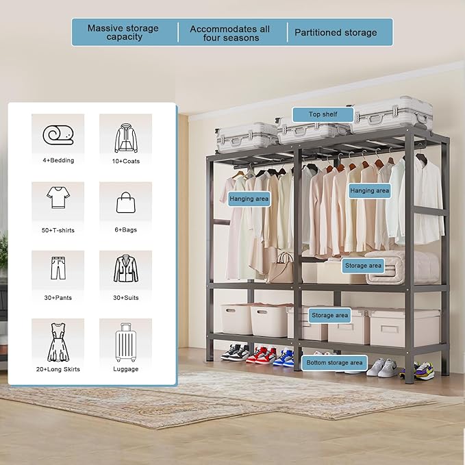 FPIGSHS Heavy Duty Clothes Rack with Zipper Cover 2000LBS Foldable Portable Wardrobe Closet for Hanging Clothing Rolling Garment Rack on Wheels for Bedroom Closet System (E(Gray Cover, 71in)
