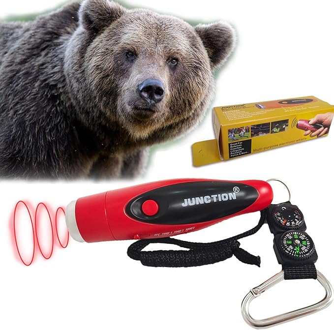 120dB Electronic Air Horn with Compass & Thermometer, Bear Horn to Scare Bears, Loud Air Horn for Safety Hiking Camping Emergency Self Defense, Electronic Whistle Bear Bells for Hiking (Red)