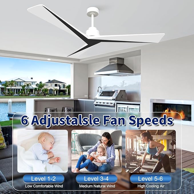 60" Ceiling Fan no Light with Remote,Modern Wood Ceiling Fans for Patios Bedroom Farmhouse,3 Blade Outdoor Ceiling Fan whitout Light with 6 Speeds and Timer,Black White Walnut+White