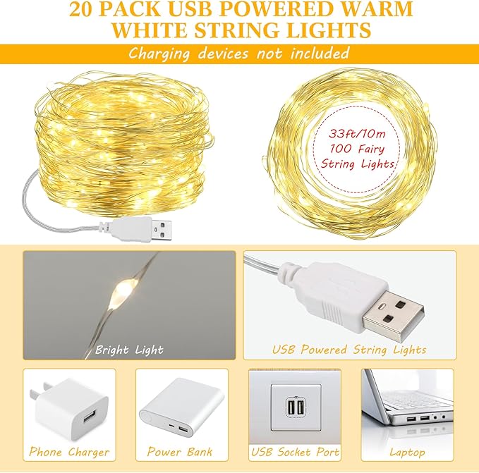 Macarrie 20 Pcs USB String Lights 33 ft 100 LED Fairy Lights Powered String for Christmas Indoor Outdoor Wedding Party Tree Home Festival Garden Decoration (Warm White)