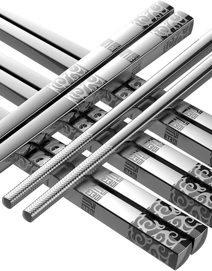 Metal Chopsticks Reusable 5 Pairs Stainless Steel Chopsticks Dishwasher Safe Square Lightweight Non-Slip Chop Sticks Present Set (Silver)