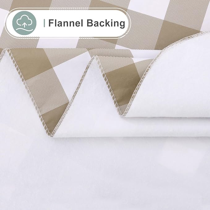 misaya Round Waterproof Vinyl Table Cloth, Buffalo Flannel Backed Tablecloth, Wipeable Plastic Table Cover for Dinner, Kitchen, Picnic (60", Khaki and White)