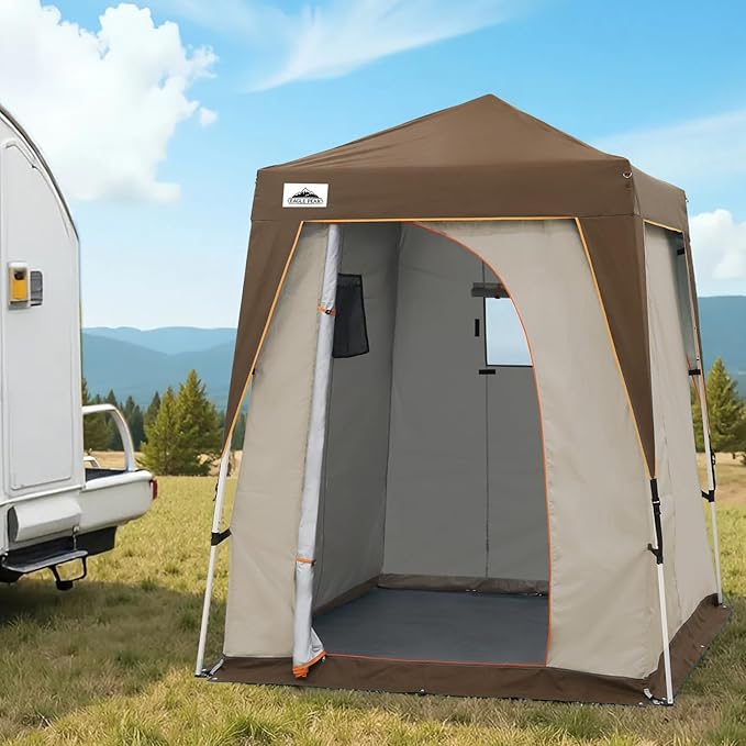 EAGLE PEAK 5x5 Pop Up Privacy Tent with Ground Mat, Portable Changing Room & Outdoor Shower Tent, Portable Canopy for Camping, Pool, Photoshoots or Toilet Shelters 6x6 Base 5x5 Top (Gray/Brown)
