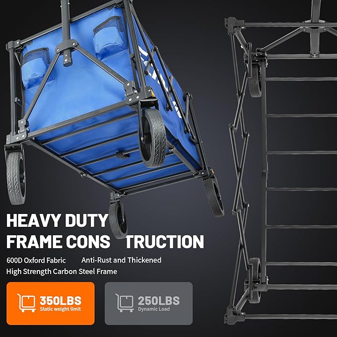 EchoSmile Heavy Duty 350 Lbs Capacity Collapsible Wagon, Outdoor Folding Camping Wagons, Grocery Portable Utility Cart, Adjustable Rolling Carts, All Terrain Sports Wagon with Big Wheels (Dark-Bule)