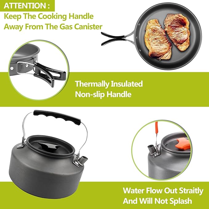 aiGear Camping Cookware Mess Kit, Non-Stick Camping Pan Pot Kettle, Lightweight Aluminum Camping Utensils, Collapsible Portable Camping Cooking Set for Outdoor Cooking Hiking Picnic