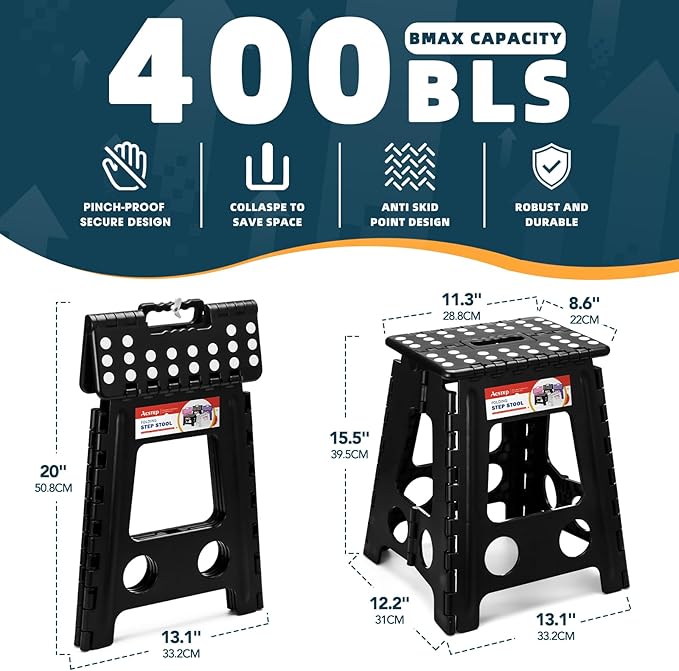 ACSTEP Folding Step Stool 16 Inch Heavy Duty Step Stool Foldable for Adults and Kids, Collapsible Stepping Stool with Handle, Non Slip Folding Stools for Kitchen Hold Up to 400lbs (Black 1PC)