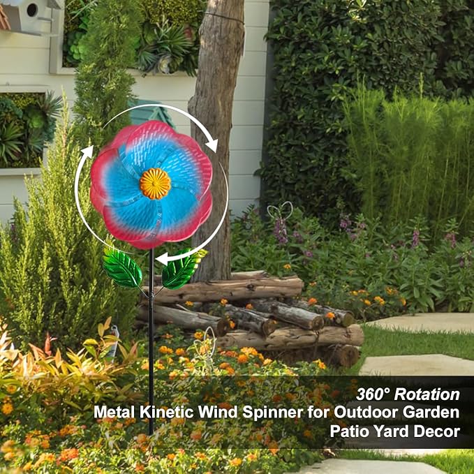 Garden Wind Spinners & Metal Wind Sculptures - Outdoor Windmill Decor with Vibrant Red & Blue, Yard Art for Patio Lawn Garden Ornament, Dynamic Wind Spinner Sculpture for Landscape 1Pack