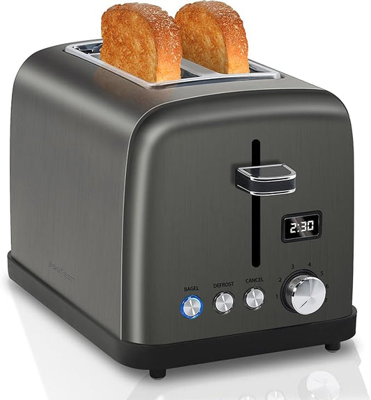 SEEDEEM Toaster 2 Slice, LCD Display, 7 Shade Settings, 1.4'' Wide Slots, Stainless Steel Digital Toaster for Bagel, Defrost, Reheat, Removable Crumb Tray, 900W, Grey