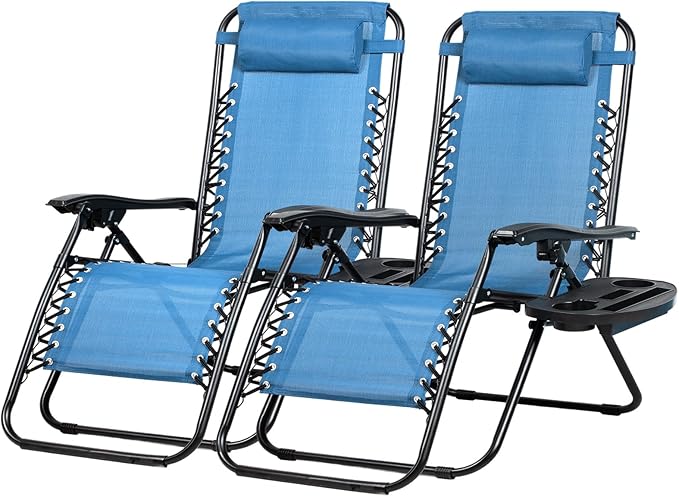 Nazhura Set of 2 Relaxing Recliners Patio Chairs Adjustable Steel Mesh Zero Gravity Lounge Chair Beach Chairs with Pillow and Cup Holder (Sky Blue)