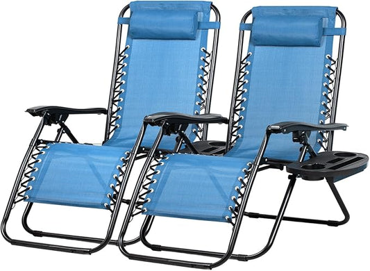 Nazhura Set of 2 Relaxing Recliners Patio Chairs Adjustable Steel Mesh Zero Gravity Lounge Chair Beach Chairs with Pillow and Cup Holder (Sky Blue)