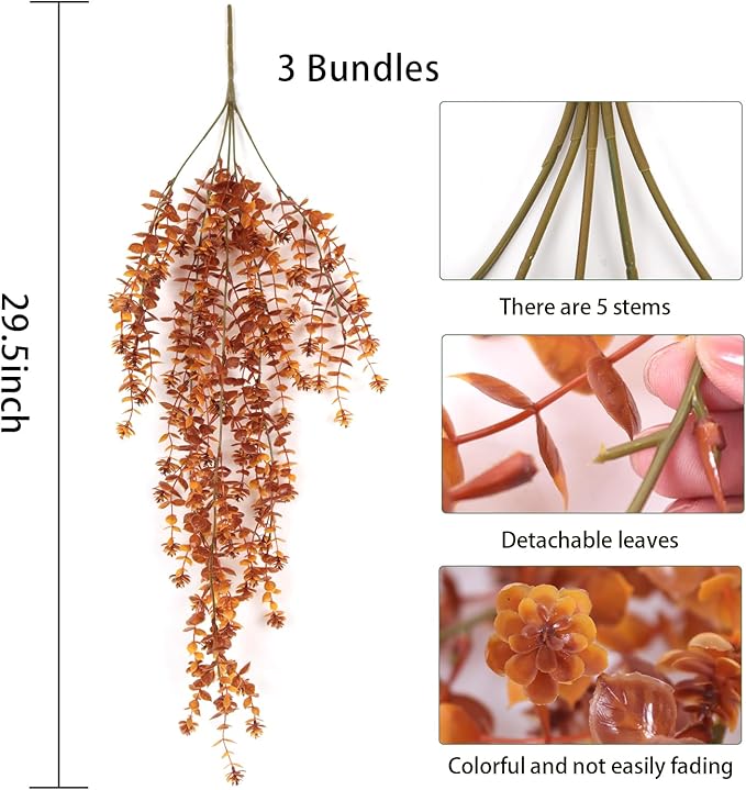 Fall Flower Artificial Artificial Hanging Plants Fake Hanging Flowers Fake Plants Faux Vine Plant Hanging Autumn Decor for Room Wedding Proch Yard Outdoor Home Wall Kitchen Bathroom Indoor (Brown)