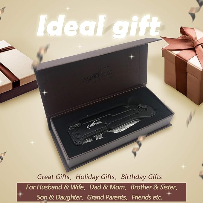 ALBATROSS 6-in-1 Modern Damascus Steel Folding Pocket Knives with LED Light,Seatbelt Cutter,Glass Breaker,Magnesium Fire Starter,Bottle Opener;Multi-Function Emergency Tool(Black-DA)