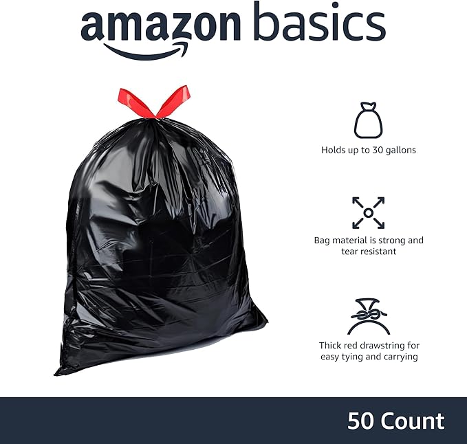 Amazon Basics Multipurpose Drawstring Trash Bags, 30 Gallon, 50 Count (Previously Solimo) (Pack of 2)