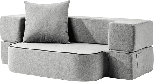 2-in-1 Folding Sofa Bed with Pillow - Folding Chair Floor Couch & Sleeping Mattress - Washable Cover & Memory Foam Sleeper Chair for Living Room/Guest Room/Apartment/Loft, Light Gray