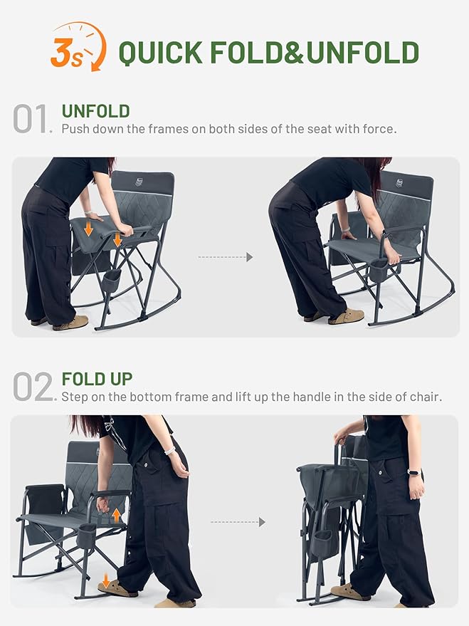 TIMBER RIDGE Folding Rocking Camping Chair, 400lbs Capacity Portable Oversized Outdoor Rocker with Hard Armrests, Cup Holder & Side Pocket, Quick-Fold Design for Outdoor, Patio, Lawn, Gray