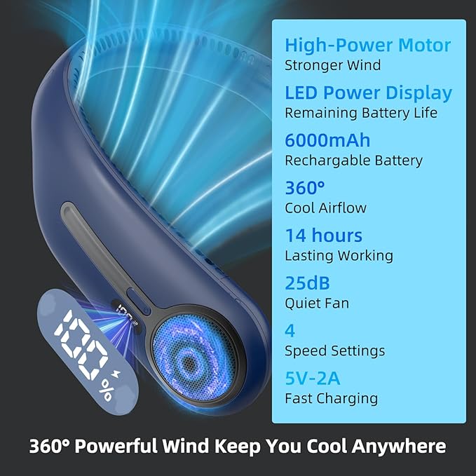Portable Neck Fan,Gift Ideas,Personal Wearable Bladeless Fan,360° Cooling,LED Display,4-Speeds,6000mAh Rechargeable,Powerful Wind,Outdoor Travel Camping,Birthday Gifts for Men Women Dad Mom (Blue)