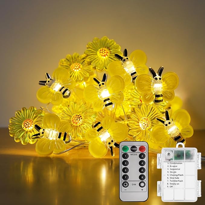 Bee Lights Sunflower Fairy Lights, Honeybee 30 LED Copper String Lights with 8Modes Remote Control&Battery Operated Twinkle Lights for Christmas, Bedroom Plants, Spring Decor (Bee&Sunflower)