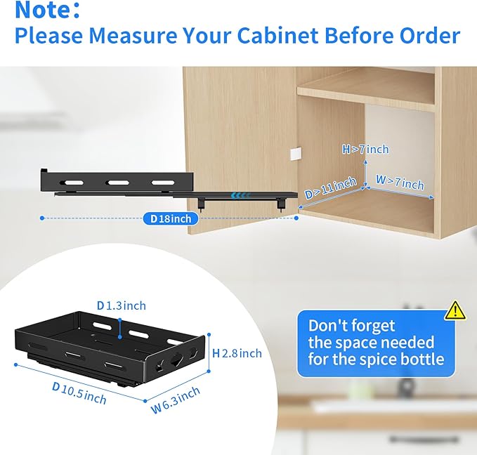 Pull Out Spice Rack Organizer for Cabinet, Heavy Duty-Slide Out Spice Rack, Vertical Spice Rack for Kitchen Cabinet and Pantry (6.3''Wx10.5''Dx2.8''H, Metal Black)