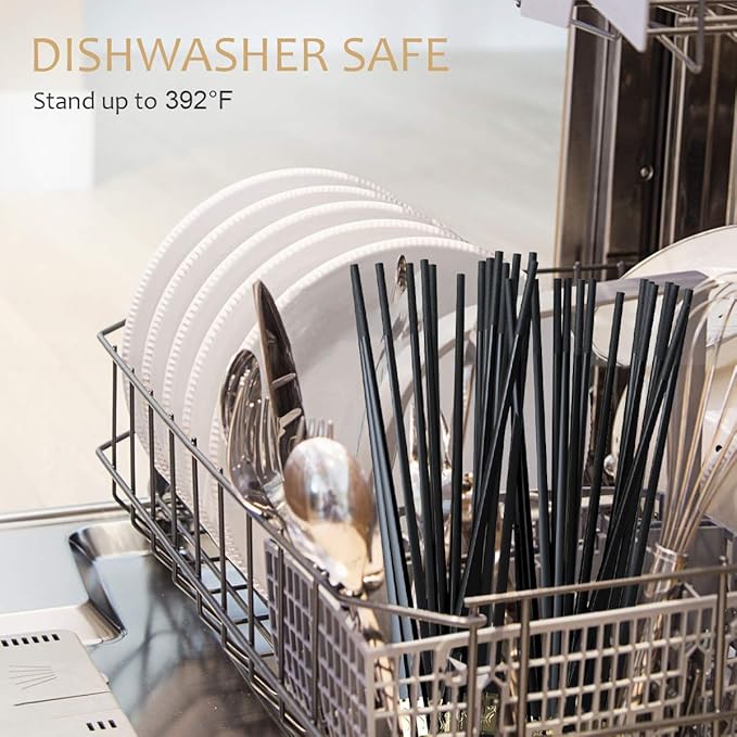 10 Pairs Fiberglass Chopsticks, GLAMFIELDS Reusable Japanese Chinese Korea Chop Sticks Dishwasher Safe, Non-slip, 9 1/2 inches Gold