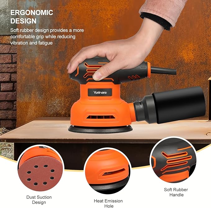5-Inch Orbital Sander, 2.5 Amp Motor, 15 Pcs Sanding Disc Set, 6-Speed Control (6000-12000 OPM), Efficient Dust Collection for Superior Sanding and Polishing