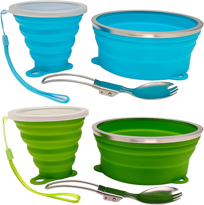 Mess Kit for Camping Silicone Collapsible Bowl Collapsible Cup and Stainless Steel Spoon for Backpacking Outdoor Hiking Traveling and Picnic - 2 Pack