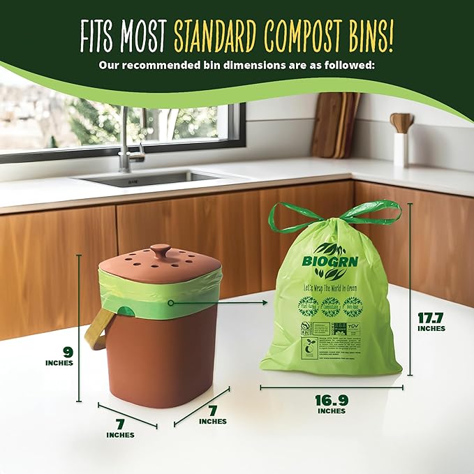 2.6-3 Gallon Compostable Trash Bags Drawstring 50 Bags Heavy Duty Extra Thick 1 Mil 11.36 Liter Small Kitchen Food Scrap Waste Compost Bag ASTM D6400, US BPI and OK Compost Home Certified