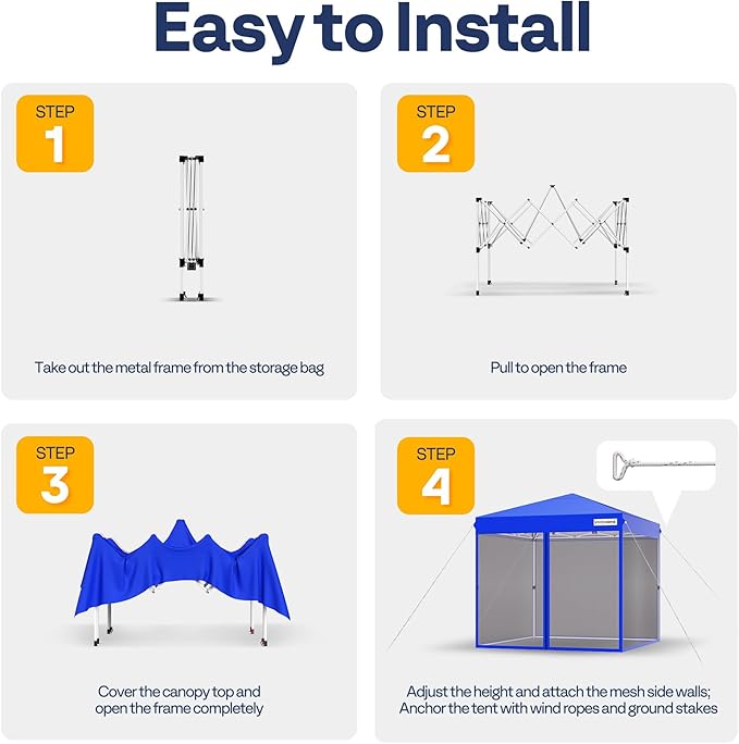VIVOHOME 8x8ft Easy Pop-Up Canopy, Outdoor Screen Tent with Mosquito Netting, 2 Zipper Doors, and Roller Bag for Yard Camping Picnic Party Events, Blue