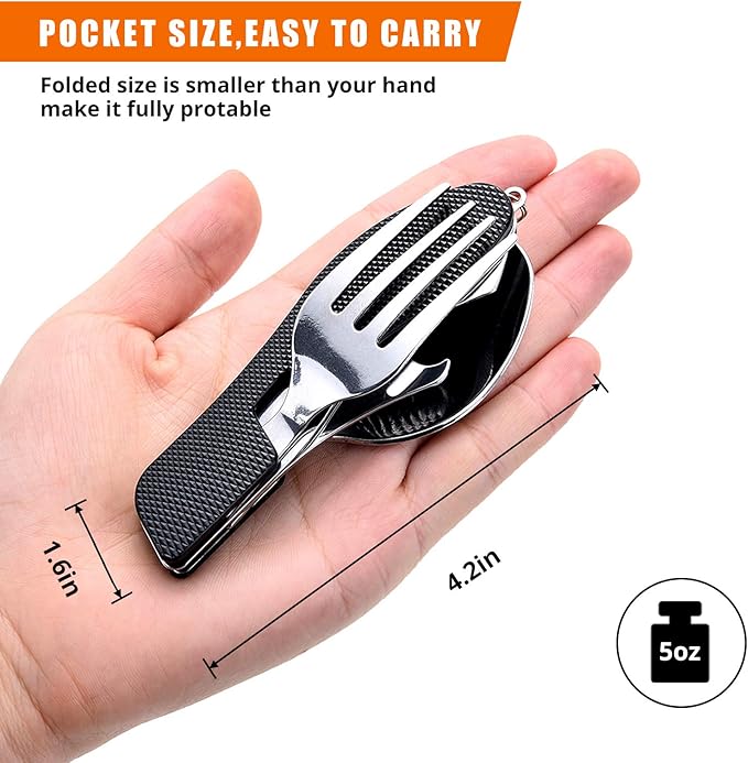 Camping Utensil HIKENTURE 4-In-1 Stainless Steel Fork Knife Spoon Bottle Opener Set with Storage Case (Black)