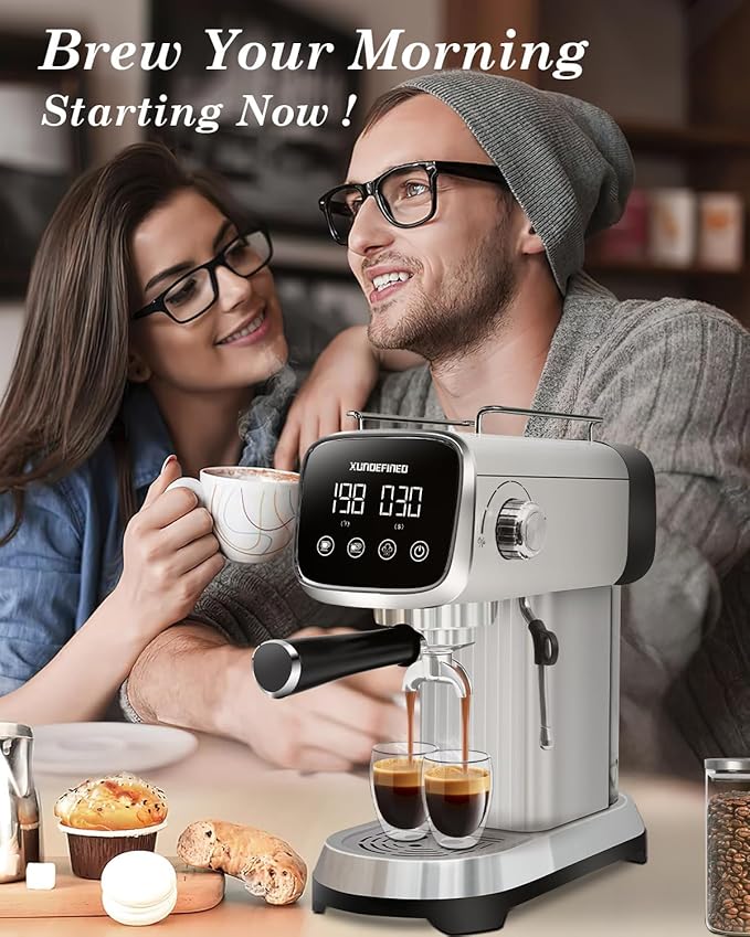 Espresso Machines 20 Bar with LED Touchscreen, Adjustable Temperature(185~203°F) Timing(25~60s), Compact Stainless Steel Coffee Maker with Milk Frother Steam Wand for Home Cappuccino & Latte Maker