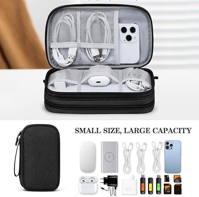 FYY Electronic Organizer, Travel Cable Organizer Bag Pouch Electronic Accessories Carry Case Portable Waterproof Double Layers Storage Bag for Cable, Cord, Charger, Phone, Earphone, Large Size, Black