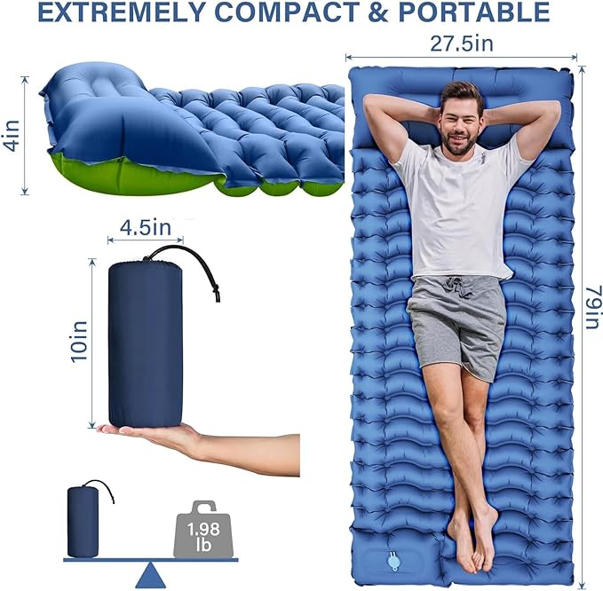Camping Sleeping Pad, Ultralight Inflatable Sleeping Mat with Built-in Foot Pump & Pillow, Compact Air Mattress for Camping, Backpacking, Hiking, Tent - Blue