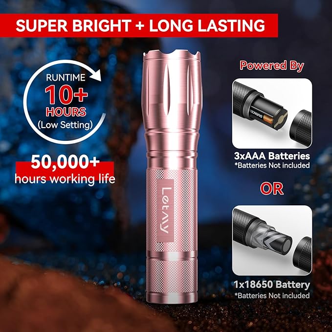LETMY Tactical Flashlight S2000-2 Pack Bright Military Grade LED Flashlights High Lumens - Portable Handheld Flash Light, 5 Modes Zoomable Waterproof Flashlights for Home Emergency Camping- Pink