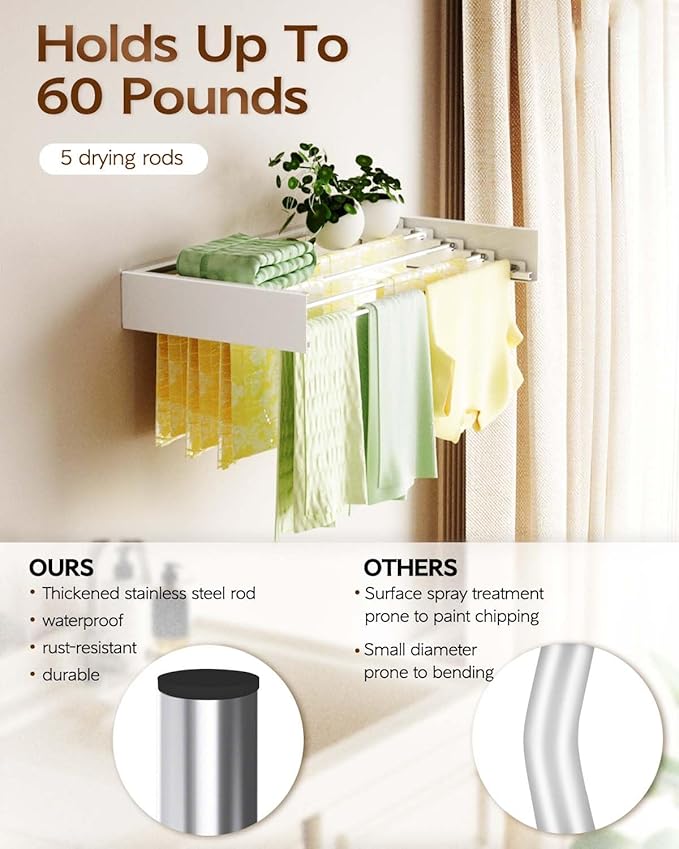 Foldable Wall Mounted Clothes Drying Rack - 32", Collapsible Laundry Drying Rack for Clothing & Towels - Includes Wall Template