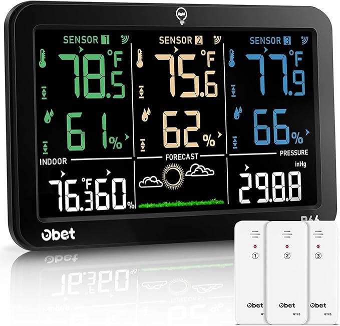 OBET Weather Station Wireless Indoor Outdoor Thermometer with 3 Sensors, Temperature Humidity Monitor with Alerts 500ft Range and 3 Adjustable Brightness