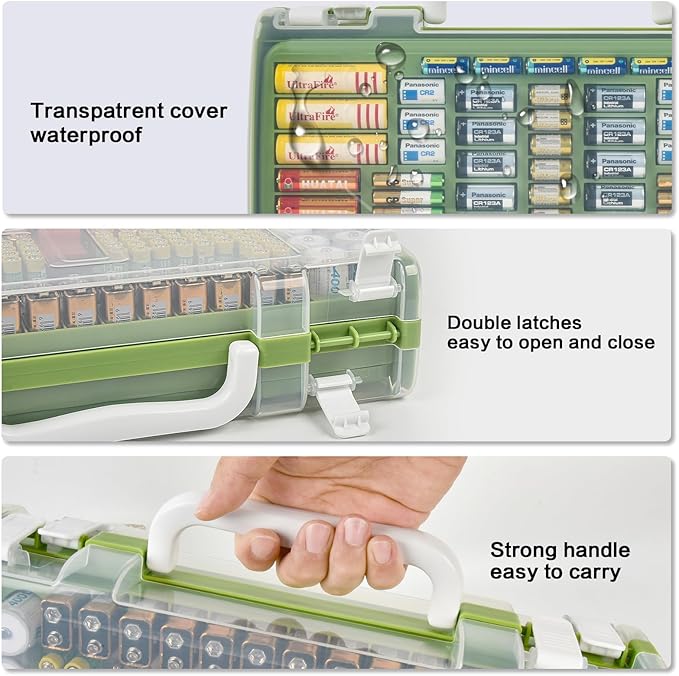 Battery Organizer Storage Holder Case with Double-Sided, Garage Box with Tester Checker. Batteries Container for 269pcs AA AAA AAAA 3A 4A 9V C D Lithium 4LR44 CR2 CR123A CR1632 CR2032 18650 -Green