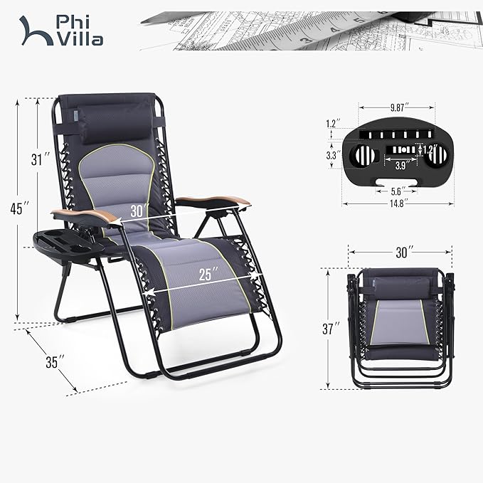 PHI VILLA XXL Oversized Padded Zero Gravity Chair, Foldable Patio Recliner, 30" Wide Seat Anti Gravity Lounger with Cup Holder, Set of 2, Support 400 LBS (Gray Accent)